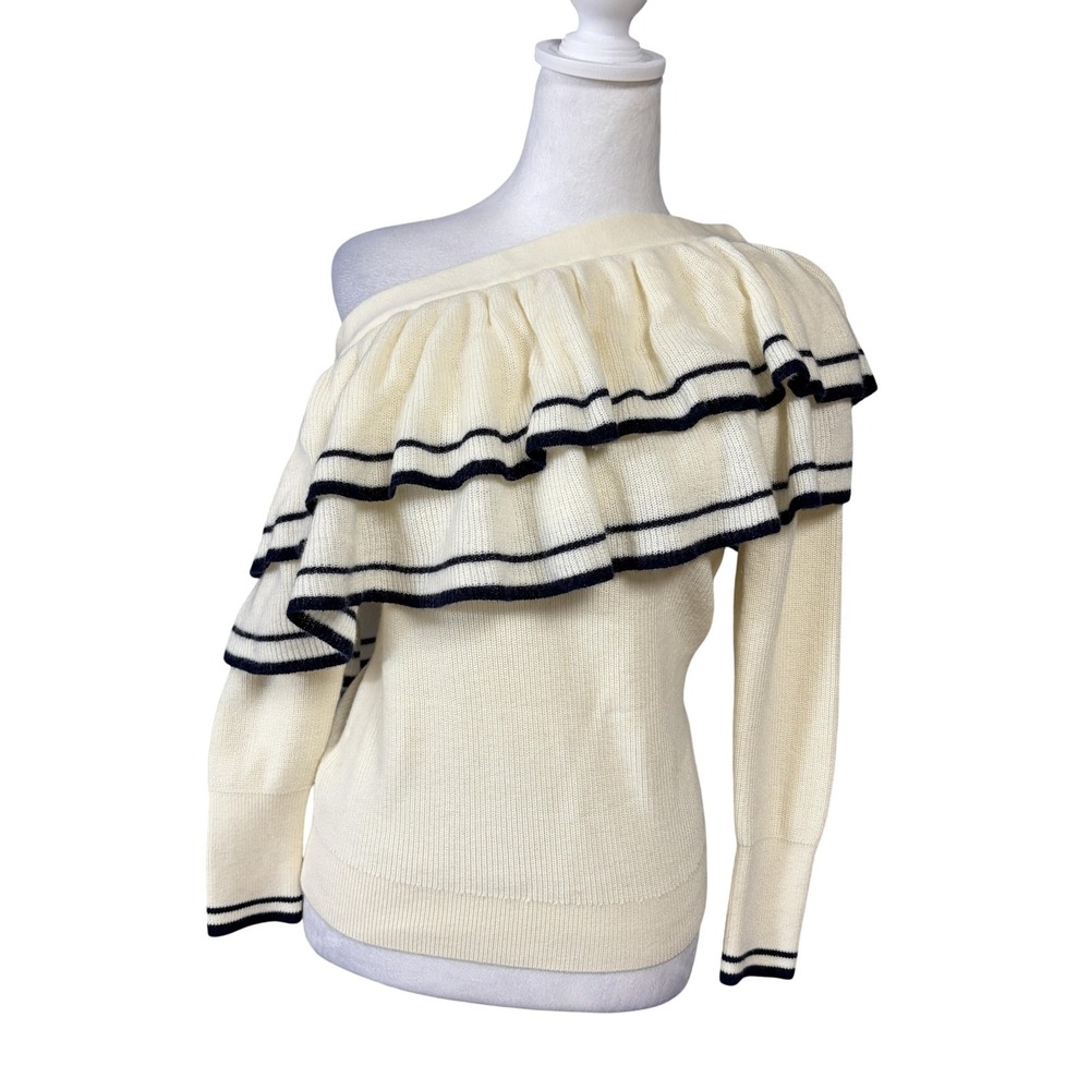 FRAME Sweater Womens XS Off White‎ Off Shoulder Ruffle Wool Blend Pullover Knit